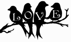 three birds sitting on top of a tree branch with the word love