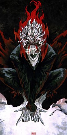 a painting of a demon with red eyes and white hair, sitting on the ground