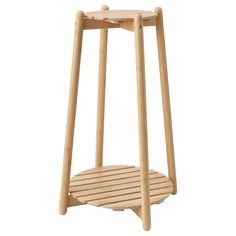 a wooden stool with two legs and a shelf on the bottom that has an open top