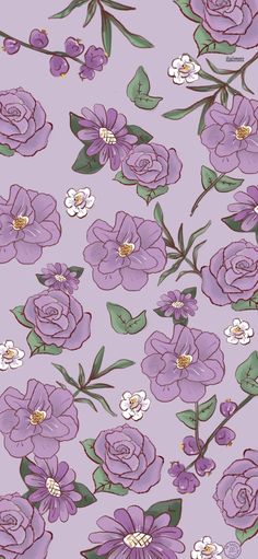 purple flowers and green leaves on a pink background