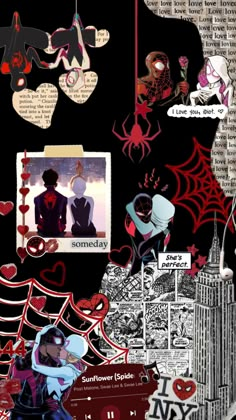 an altered collage with various images and words on the page, including spider - man