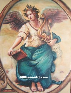 a painting of an angel holding a harp