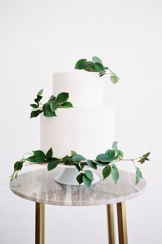 a three tiered white cake with green leaves on top