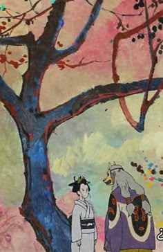 a painting of two people standing next to a tree