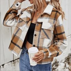 Bnwt From Local Boutique Similar To Princess Polly. I Bought 2 Different Sizes So I Don’t Need This One. Super Cute And Soft. Medium Size But Could Fit Small As Well Since Run Small Plaid Coat, Vintage Short, Sleeves Clothing, Woolen Coat, Vintage Plaid, Long Sleeves Jacket