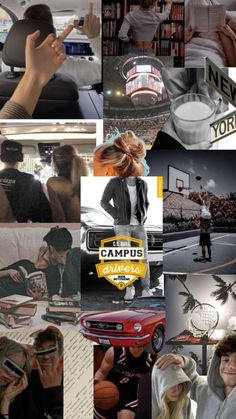 collage of photos with people and sports related items in the middle one is holding a cell phone