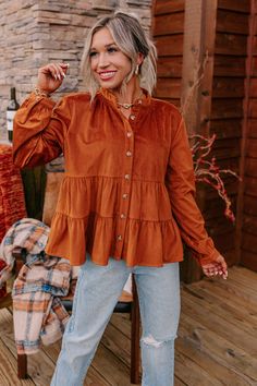 Winter Corduroy Tops With Buttons, Casual Smock Blouse For Fall, Casual Smocked Blouse For Fall, Fall Brown Top With Corduroy Collar, Fall Brown Tops With Corduroy Collar, Winter Corduroy Tops, Fall Brown Blouse With Buttons, Brown Blouse With Buttons For Fall, Country Fall Outfits