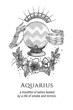 the zodiac sign aquarius with flowers and ribbons around it, in black and white