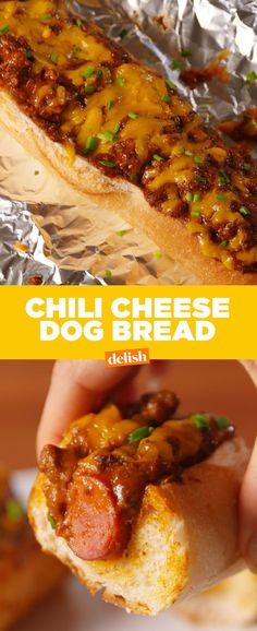 a person holding up a hot dog bun with cheese on it and the words chili cheese dog bread