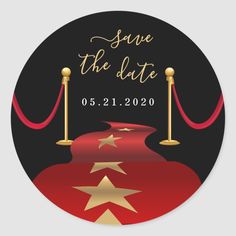 a red carpet with gold stars on it and the words save the date