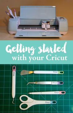 the sewing machine is next to scissors and other crafting supplies on a cutting board