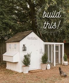 a chicken house with the words build this on it's side and an image of a hen next to it