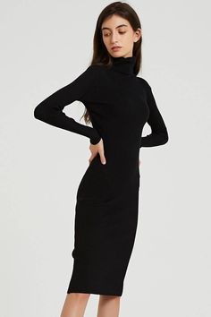 Turtleneck Knee-Length Long Sleeve Knit Sweater Midi Dress | Uniqistic.com Sweater Midi Dress, Church Clothes, Long Beach Dress, Solid Sweaters, Long Sleeve Knit Sweaters, Long Sleeve Sweater Dress, Sweater Dress Midi, Dress Silhouette, Long Sleeve Maxi