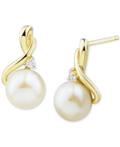 Lustrous cultured freshwater pearls are highlighted with diamond accents on this alluring gold stud earrings. Classic Pearl Jewelry, Gold Pearl Earrings, Gold Stud Earrings, Freshwater Cultured Pearls, Gold Stud, Gold Pearl, Gold Earrings Studs, Gold Studs, 10k Gold