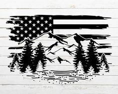 an american flag with mountains and trees in the background on a white wood plank wall