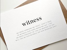 Make your special day even more memorable with our modern " Be My Witness Proposal Card" This unique card is perfect for asking your friends or family to be part of your wedding ceremony as your witness or witnesses. ** PLEASE NOTE** The design will be printed in both lower case and capital letter exactly as shown in the image, as this is an intentional part of the design. DETAILS A6 size (105mm x 148mm when closed) 300gsm Textured Card Kraft Coloured Envelope CUSTOM If you cannot find what you Will You Be My Witness Wedding, Witness Proposal Wedding, Bridesmaid Proposal Letter, Asking Bridesmaids To Be In Wedding, Wildflower Wedding Theme, Proposal Letter, Notes To Parents, Wedding Pose