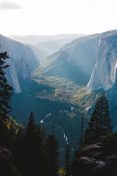 the valley is surrounded by mountains and trees