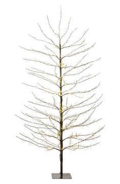 a white christmas tree with lights on it's branches in front of a white background