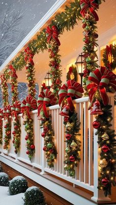 christmas decorations on the outside of a house