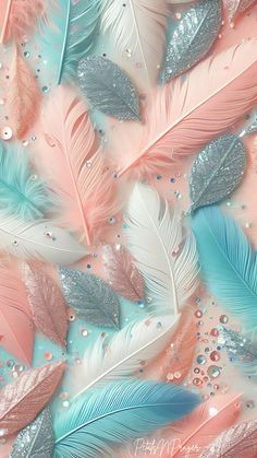 colorful feathers with water droplets on them are shown in pastel colors and glitters