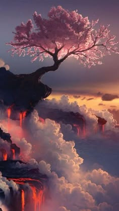 a tree that is sitting on top of a cliff in the sky with lava below