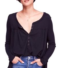 Nwt Free People We The Free Kai Henley In Black In Size Small. Black Babydoll, Women's Henley, Free People Blouse, Free People Tunic, Free People Clothing, Lace Top Long Sleeve, Fashion Night, Henley Top, Henley Shirts