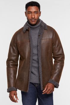 When your toughest flannel can't handle the dropping temps, the Silas Shearling Shirt Jacket is ready for the task. This toasty but breathable sheepskin jacket with a rugged distressed finish offers handsome button-down style with the curl of the shearling visible in the interior, at the collar, and on foldable cuffs. With a raw-edged rounded hem and roomy slip pockets to stash your phone or keys, the Silas is an easy add-on to any casual look in town or outdoor job on the range. Plastic buttons Outdoor Jobs, Sheepskin Jacket, Sheepskin Coat, Jacket Shirt, Button Front Shirt, Short Jacket, Leather Coat, Jacket Style, Shirt Jacket