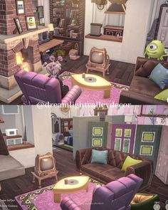 the living room is decorated in purple and green colors, with two different couches