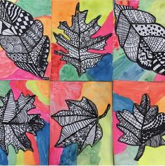 four paintings with leaves painted on them in different colors and patterns, each depicting an individual's own artwork