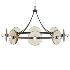 a chandelier with four lights hanging from it's center and three circular glass discs on the bottom