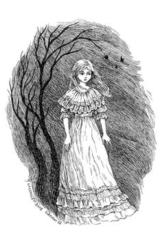 a drawing of a girl in a dress standing next to a tree with birds flying overhead