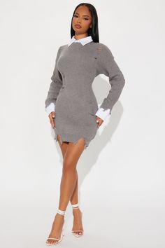 Sweater Dress Outfit Black Women, Gray Dress Outfit, Grey Dress Outfit, Glam Closet, Plus Size Sweater Dress, Zip Up Dress, Sweater Mini Dress, Satin Shirt Dress, Sweater Dress Outfit