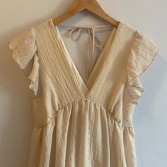 Size Xs Never Worn, Came W A Small Stain In The Chest (Shown In Pic 4) Beige V-neck Lined Midi Dress, Cream V-neck Lined Dresses, Cream V-neck Maxi Dress With Ruffles, Cream Lined V-neck Dresses, Beige Lined V-neck Midi Dress, Beige Lined Midi Dress With V-neck, Cream V-neck Fitted Sundress, Fitted Cream Sundress With V-neck, Cream Fitted V-neck Sundress