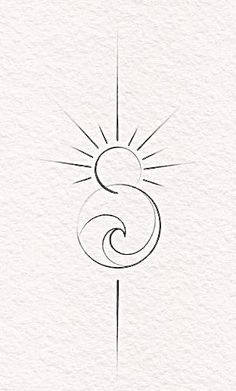 the letter s is drawn in black ink on white paper with a sun behind it