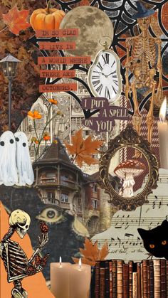 a collage of halloween images with candles and books