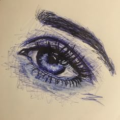 a drawing of an eye with long lashes and blue eyeshade, drawn in pencil