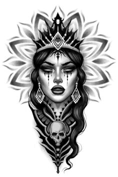 a woman's face with a crown on her head and a skull in the middle