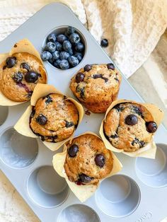 blueberry muffins in paper cups on a tray