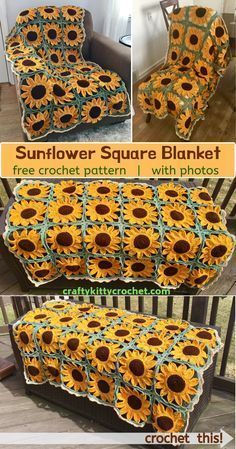 the sunflower square blanket is made from crochet yarn and has been finished with photos