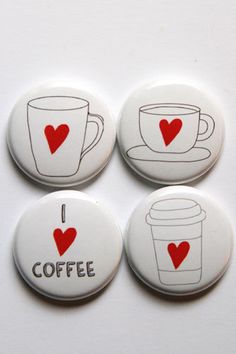 four coffee buttons with i love coffee and a cup on them, all in different designs