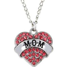 "New Mom Crystal Heart Pendant Necklace Glistening Pink Rhinestone \"Mom\" Heart Charm Necklace ~ .925 Silver Plated Pink pave Rhinestone heart has a silver plated banner across it engraved with the word \"Mom\" ~ Suspended from a 18\" Silver Plated linked chain. ~ Heart charm measures 3/4\" x 3/4\" ~ Lobster claw clasp closure" Mother Necklaces, Mom Daughter Jewelry, Mothers Birthday, Mom Gifts Jewelry, Hbd Quotes, Pink Chain, Mom Daughter Gifts, Necklace Mom, Sister Necklace