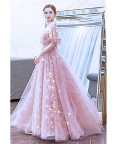 Buy Bling Sequins Embroidery Cute Pink Prom Dress With Puffy Sleeves at wholesale price online. Free shipping and pro custom service since 2009. Prom Dress With Puffy Sleeves, Long Pink Prom Dresses, Bridesmaid Embroidery, Embroidery Cute, Pink Flower Dress, Dress With Puffy Sleeves, Floral Bridesmaid, Light Pink Flowers, Pink Prom Dress