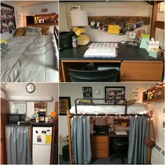 there are four pictures of a dorm room with various things on the desk and bed