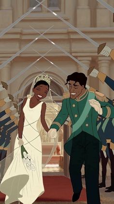 an animated image of a man and woman in wedding attire walking down a hall with other people behind them