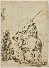 an old drawing of a man on a horse with another man standing next to him