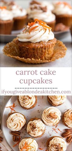 carrot cake cupcakes with cream cheese frosting and pecans on the side