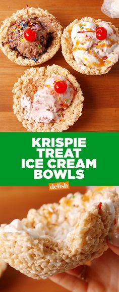 krispie treat ice cream bowls with cherries and sprinkles on top