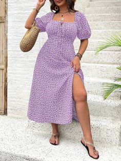 Plus Size Ditsy Floral Split Casual Summer Dress Mauve Purple Boho  Short Sleeve Fabric Plants,Ditsy Floral,All Over Print A Line Non-Stretch  Women Plus Clothing, size features are:Bust: ,Length: ,Sleeve Length: Lavender Dress Casual Plus Size, Fabric Plants, Mauve Dress, Casual Summer Dresses, Dress Plus Size, Ditsy Floral, Dress P, Plus Clothing, Boho Shorts