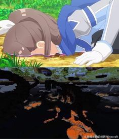 an anime character laying on the ground in front of some water and grass with his head down