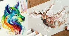 two pictures of animals with different colors and designs on paper next to crayons